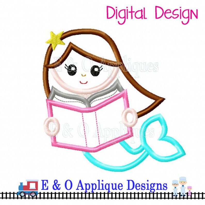 May include: A digital embroidery design of a mermaid reading a book. The mermaid has brown hair, a pink book, and a turquoise tail. The design is perfect for creating personalized items like t-shirts, tote bags, and home decor.
