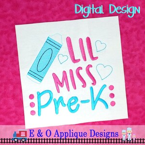 LIL MISS Pre K Embroidery Design with Crayon and Hearts - Back To School Preschool Embroidery Design - Sketchy Crayon Embroidery Design