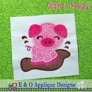 Pig in Mud Digital Applique Design - Machine Embroidery Design - Pig Embroidery Design - 6 Sizes included