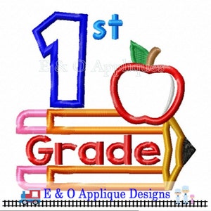 Back To School 1st Grade Pencil Apple Digital Applique Design Machine Applique image 2