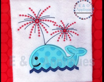 Whale Fireworks Applique Design - Embroidery Applique - 4th of July Applique