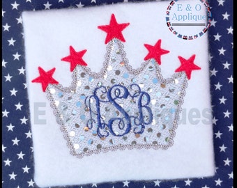 4th Of July Princess Crown Applique Design with Stars- Patriotic Monogram Applique Embroidery Design for Girls - Digital File Download