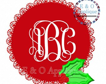 Vintage Monogram Embroidery with Lace Circle Frame and Holly Applique Design - Christmas  Monogram Frame Embroidery Design -Digital Download