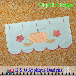 May include: A light blue scalloped valance with a pink trim. The valance features an embroidered pumpkin with leaves and vines. The text "Digital Design" is in the top right corner of the image.