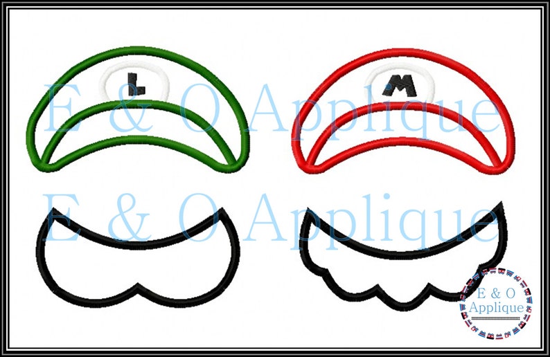 May include: Two embroidery designs for a green and red hat with a letter L and M on the front, and a black mustache.