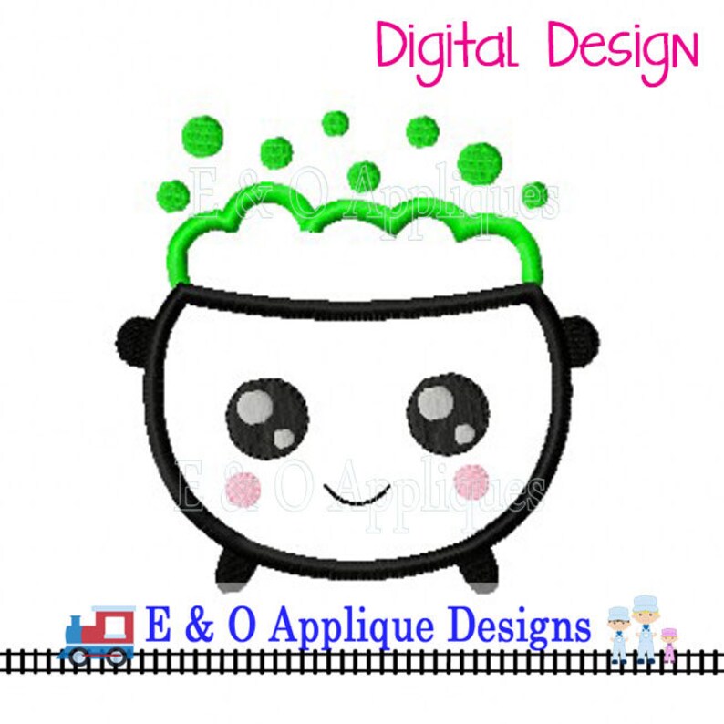 May include: A cartoon cauldron with a smiling face and green bubbling liquid on top. The cauldron has black outlines and white filling. The cauldron has large black eyes with white pupils and pink cheeks.