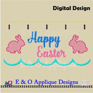 May include: Digital design for embroidery featuring two pink bunnies, blue waves, and the text "Happy Easter" in blue and pink lettering.