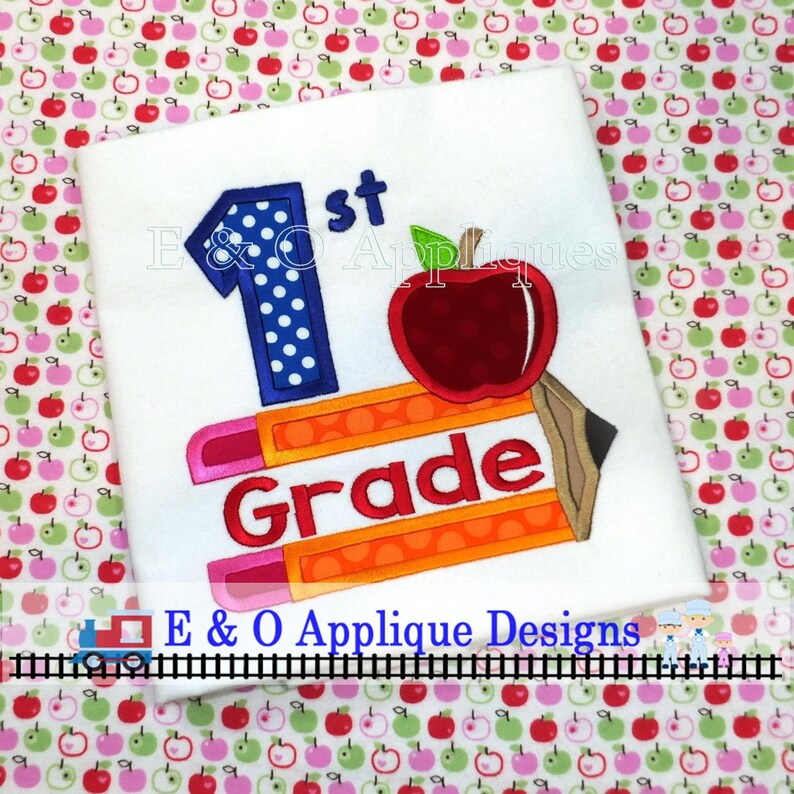 Back To School 1st Grade Pencil Apple Digital Applique Design Machine Applique image 1