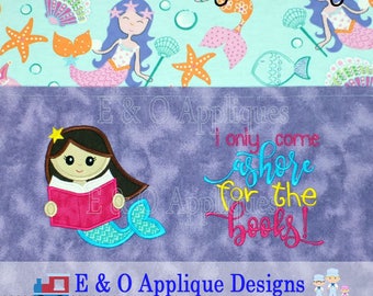 Mermaid Book Saying Embroidery Design Set- Mermaid Applique Design - Book Embroidery Design - Book Pillow Embroidery Design - Reading Pillow