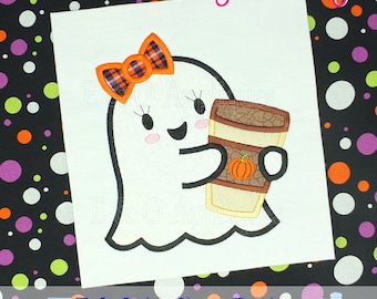 Halloween Ghost Applique Design - Halloween Applique Girl Design - Ghost Machine Embroidery - Pumpkin Spice Applique Design - Digital Design