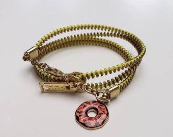 Neon Yellow Zipper Bracelet, Donut Bracelet, Neon Jewelry, Sprinkled Donut Charm, Charm Bracelet, Zipper Choker, Zipper Double Bracelet