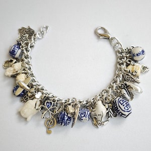 charm bracelet, porcelain charms, chinese beads, white rose, silver charms, chain bracelet, silver charm, vintage jewelry, charm braclets