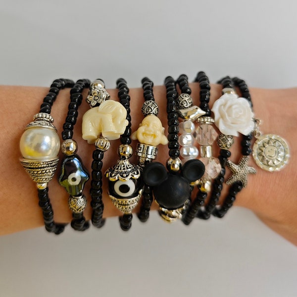 Black rose - Friendship Bracelets - Boho Chic - Stretch Bracelets - black rose - bracelet stack - layering - stacking jewelry