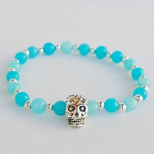 Sugar Skull Bracelet, Sugar Skull Jewelry, dia de los muertos, day of the dead, silver skull, Antique Skeleton, stacking bracelets, gift her