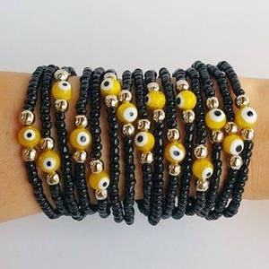 Evil Eye Bracelets - Protection - stretch bracelet - evil eye glass beads - yellow and black - beaded bracelet - stacking - Turkish Jewelry
