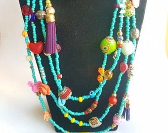 Statement Necklace - layering necklace - turquoise neckart - multilayer necklace - chunky necklaces - tassel jewelry - teddy bear - long