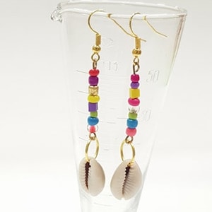 May include: A pair of long, colorful beaded earrings with a white seashell charm at the bottom. The beads are pink, blue, green, yellow, and purple.