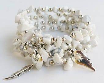 Bohemian Beaded bracelets - stone beads - white bracelet - white jewelry - stretch bracelet - feather, wing, heart, dainty bracelet, boho
