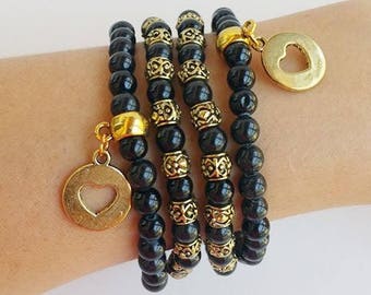 braccialetto elastico con perline, perline di pietra, set di braccialetti neri, bracciale elasticizzato, braccialetti a strati, braccialetti elastici, regali sotto i 50 anni, boho