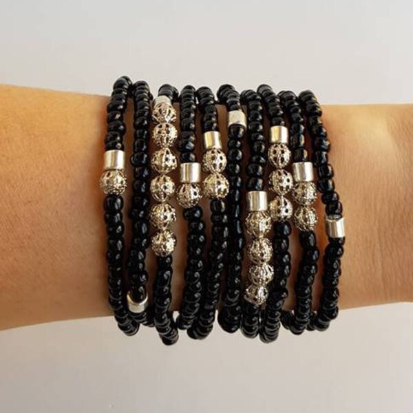 Stackable bracelets , filigree bracelet , filgree jewelry , layering bracelets , beaded bracelets , friendship bracelets , black and silver