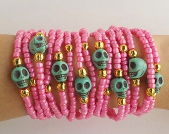 Skull bracelet - layering bracelets - stacking bracelets - friendship bracelet - arm candy - summer jewelry - halloween - bff gift - pink