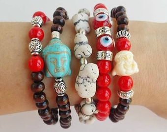 boho style - stacking bracelet - festival jewelry - buddha evil eye - stretch bracelets - bracelet stack - ibiza jewelry - layered boho