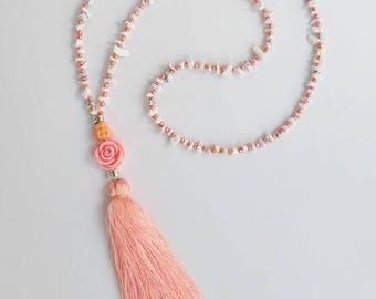 tassel jewelry - long pink necklace - tassel necklaces - long boho necklace - big tassel - buddha - big flower - huge tassel - protection