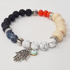 Hamsa Armband, Armband für Frau, Geschenk für sie, blaues böses Auge, elastisch, Sttretch Armband, Schutz Schmuck, Sterling Silber, Boho Geschenk