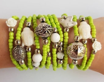 white buddha - yellow Beaded bracelets - layering bracelets - Friendship Bracelets - stretch bracelet - buddha - spring bracelet bohemian