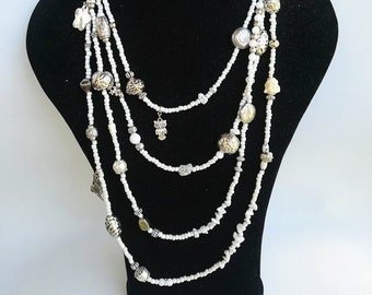White necklace, layered necklace, Beaded necklace, One of a kind necklace, White Mixedmedia, four layer neckart, friendship necklaces