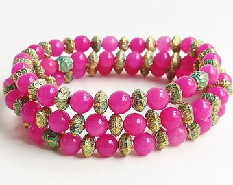 Pulseras con cuentas de abalorios, juego de pulseras rosas, joyas magenta, pulsera elástica, pulseras de capas, boho chic, pulsera rosa, conjunto de apilamiento