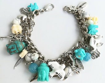 charm bracelet, charm bangle, silver charms, chain bracelet, turquoise bracelet, buddah, bird charm, silver charm, vintage bracelet, charms