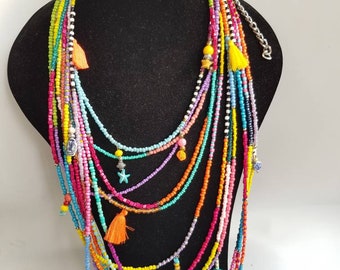 Layered Necklace - Colourfull Summer Colours neckart - multilayer necklaces - chunky necklace - tassel jewelry - ceramic bird - statement