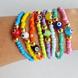 Beaded bracelet - stretch bracelet - Colourful Summer Bracelets - friendship bracelets - boho chic bohemian - evil eye jewelry - evil eyes