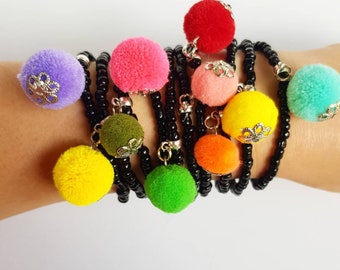 pom pom bracelet, boho bracelet, Stackable Bracelet, black jewelry, poms boho jewelry, stretching bracelets, friendship, friend, black set