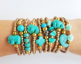 10 Friendship Bracelets - Boho Chic Layering Golden Summer Bracelets - blue rose - elephant - layered bracelets - stacking - bracelet set