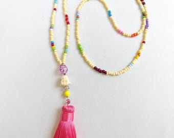 extra long necklace - tassel necklaces - handmade tassel - long boho necklace - pink boho jewelry - extra long - beaded jewelry, bohemian