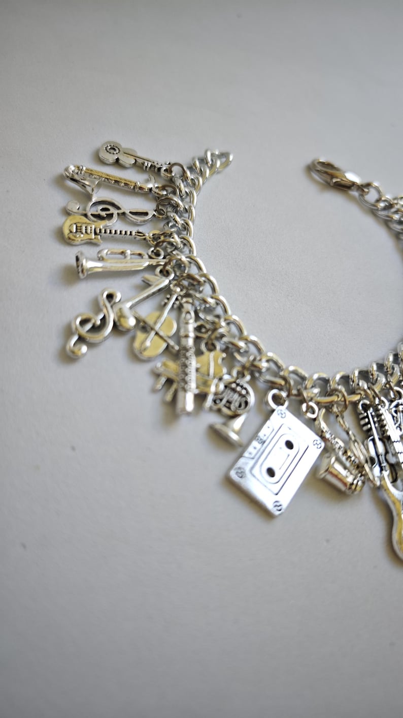 music charm bracelet, musical charm bracelet , charm bangle, silver charms, chain bracelet, silver charm, vintage jewelry, charm braclets image 3