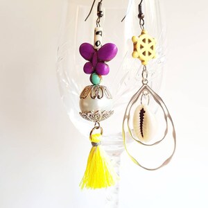 asymmetrical dangles - different earrings - mixed earrings - mismatch mix - Long chandelier earrings - big earring - buddha - tassel earring