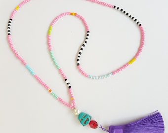 extra long necklace - tassel necklaces - handmade tassel - long boho necklace - pink boho jewelry - extra long - beaded jewelry, bohemian