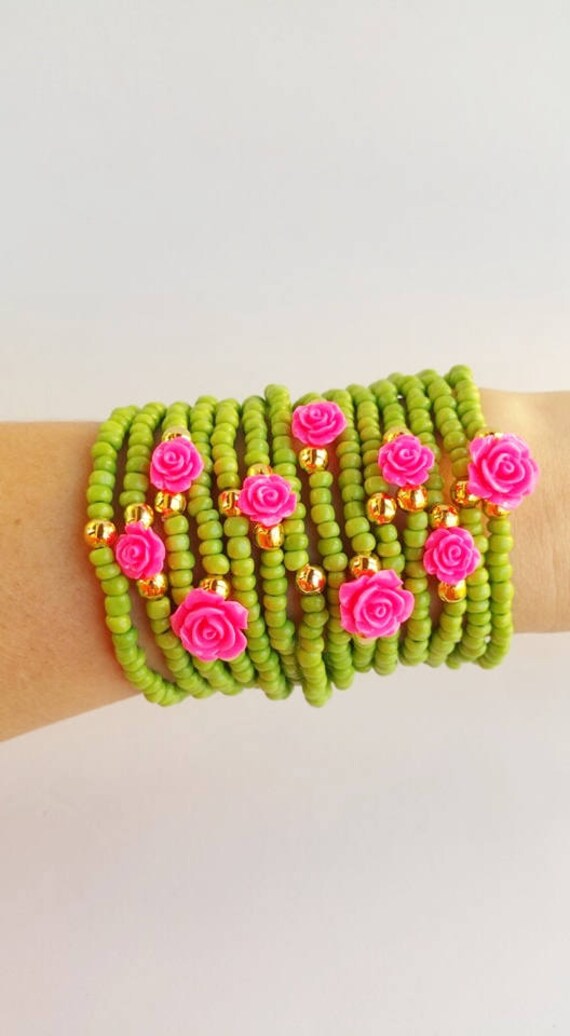 3 Inches Green Color Beads Bangle/Ring Set Of 2