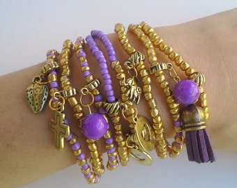 8 Friendship Bracelets - Boho Chic Friendship Bracelets - Boho Chic Golden and purple Summer Stretch Bracelets