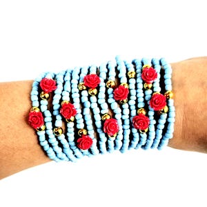stacked bracelet - friendship bracelet - layered bracelets - stretch bracelets - Seedbead Braclet - pink roses - stack - festival jewelry