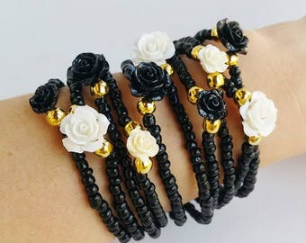 flower beaded bracelets for woman stretching black and white jewelry for her gift for mother sister girlfriend perfect gift flower beads