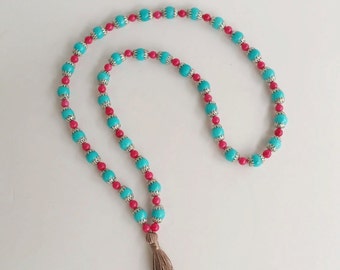 Mala necklace, stone jewelry, protection jewelry, tassel necklace, boho chic, beaded necklace, bohemian necklace, pink neckart, turquoise