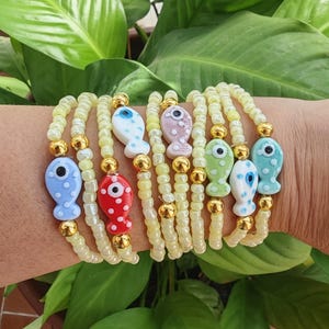 yellow Beaded bracelets for woman, porcelain fish beads, beaded stackable bracelet set seedbead bracelety for her, christmas perfect gift