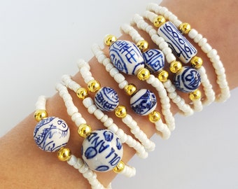 Blue and White Friendship Bracelets - Boho Chic Summer - porcelain beads arm candy, portuguese porcelain, chinese beads, owl, butterfly