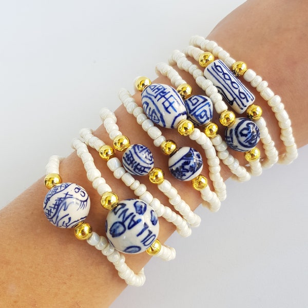 Bracelets d'amitié bleus et blancs - Été Boho Chic - bonbons de bras en perles de porcelaine, porcelaine portugaise, perles chinoises, chouette, papillon