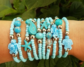 Friendship Bracelet - Boho Chic - Stretch Bracelets - turtle bead - ocean jewelry - sea - light blue bracelet - layering stack boho