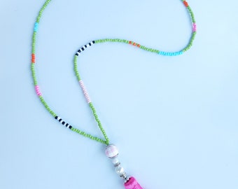 extra long necklace - tassel necklaces - handmade tassel - long boho necklace - pink boho jewelry - extra long - beaded jewelry, bohemian